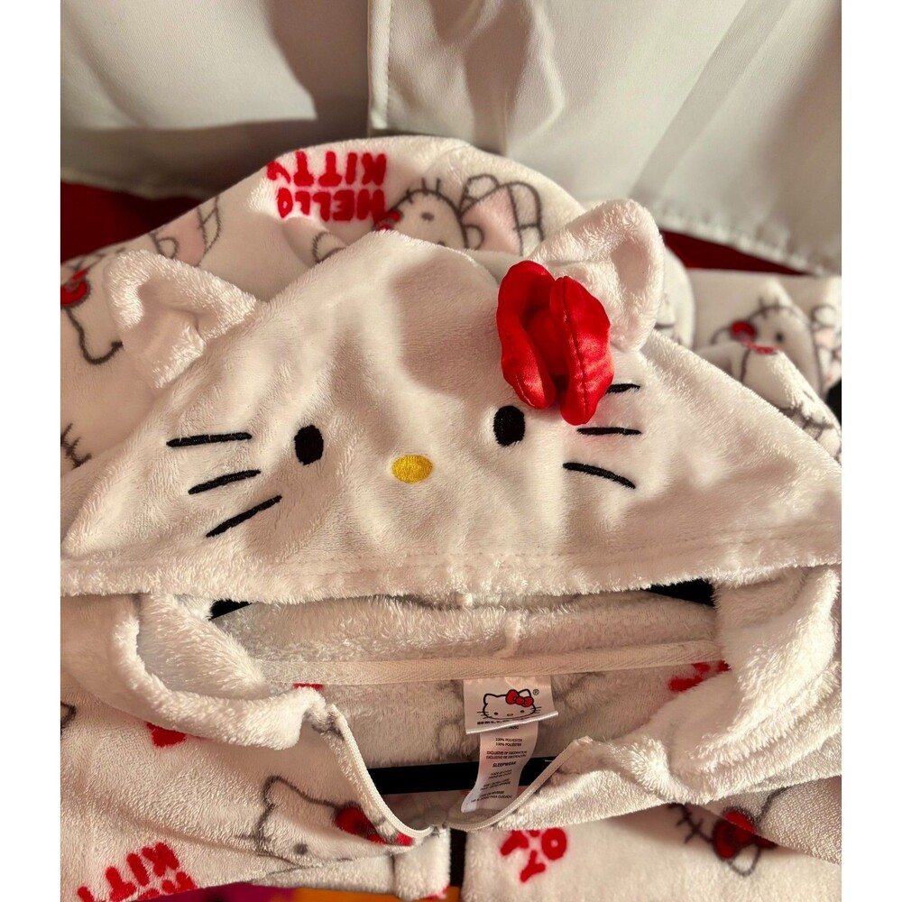 Hello Kitty Adult XL Fleece Hood One-Piece Zip up Pajamas Sleepwear Sanrio - Picture 4 of 7